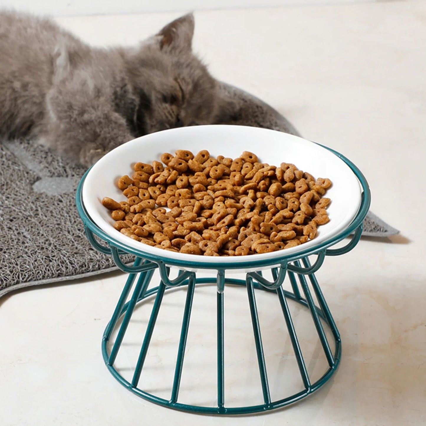 Ceramic Cat Food Bowl With Optional Raised Iron Stand 2
