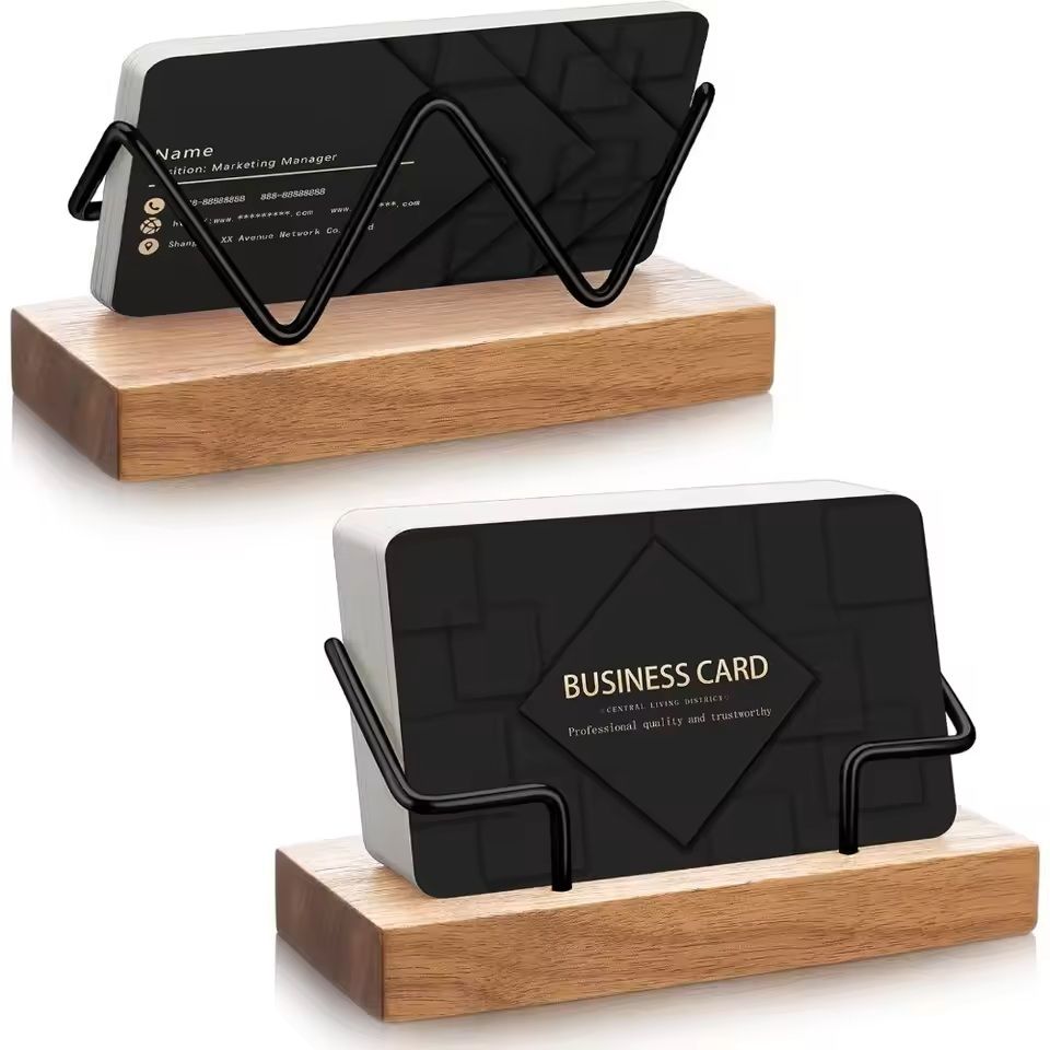 Premium Wood & Metal Business Card Holder – Durable Desktop Organizer for Office & Workspace