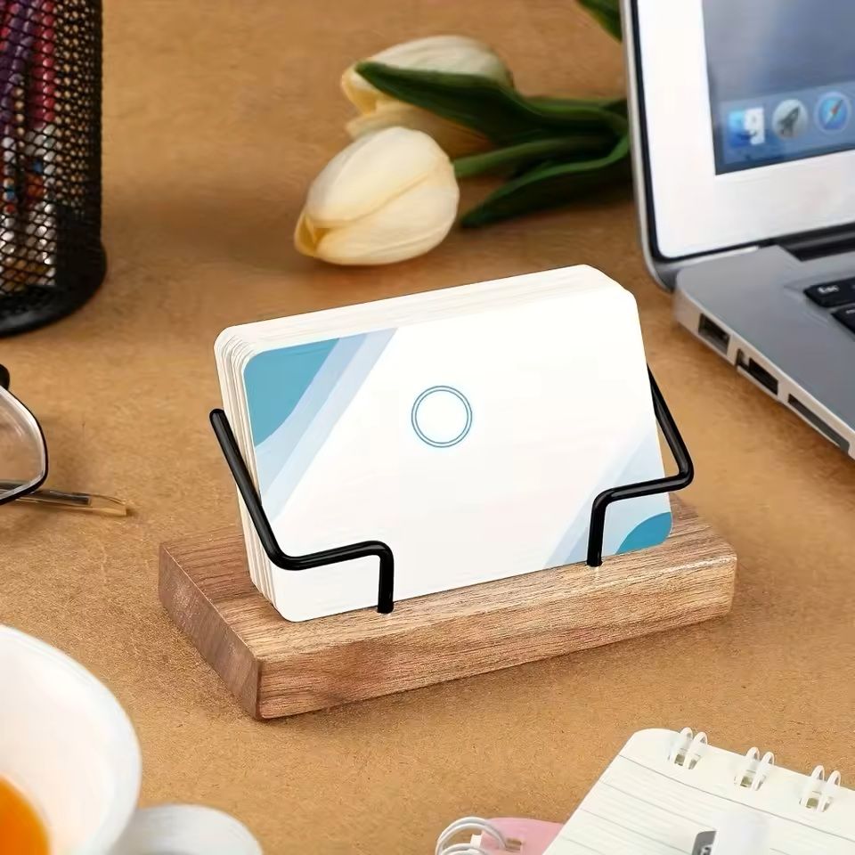 Premium Wood  Metal Business Card Holder  Durable Desktop Organizer For Office  Workspace 1