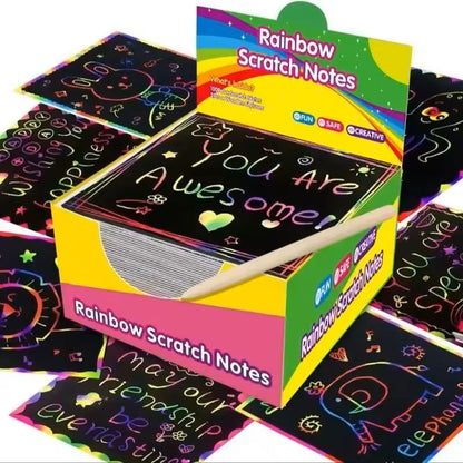 100 Sheet Rainbow Scratch Memo Box Magical Mini Art Notes for Kids Crafts & DIY Party Activities