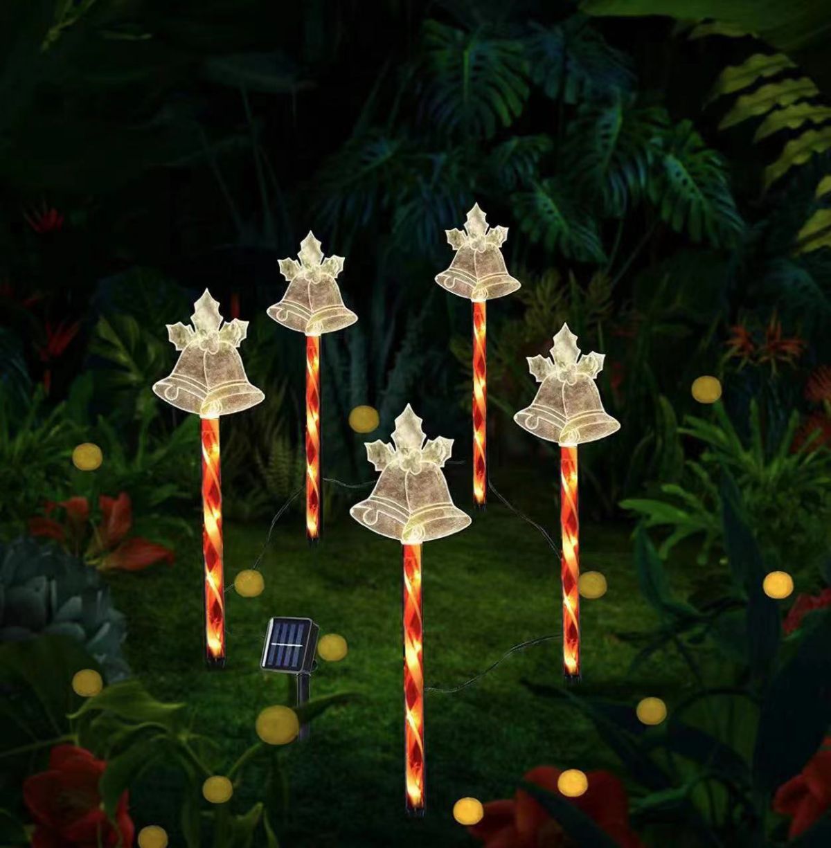 Red Tube LED Solar Pentagram , Outdoor Waterproof Lawn Light, Snowflake Christmas Tree Bell Courtyard Decoration