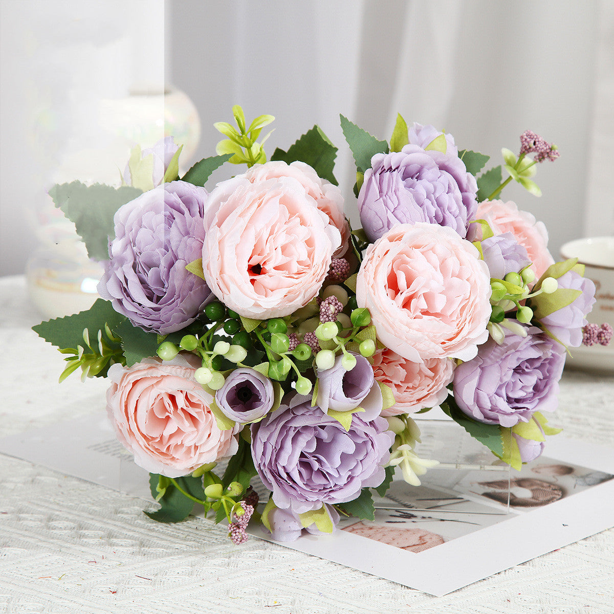 Artificial Flowers Pink White Rose Bouquet, Silk Rose Flower, Home Garden Decoration Wedding Roses, Fake Flowers