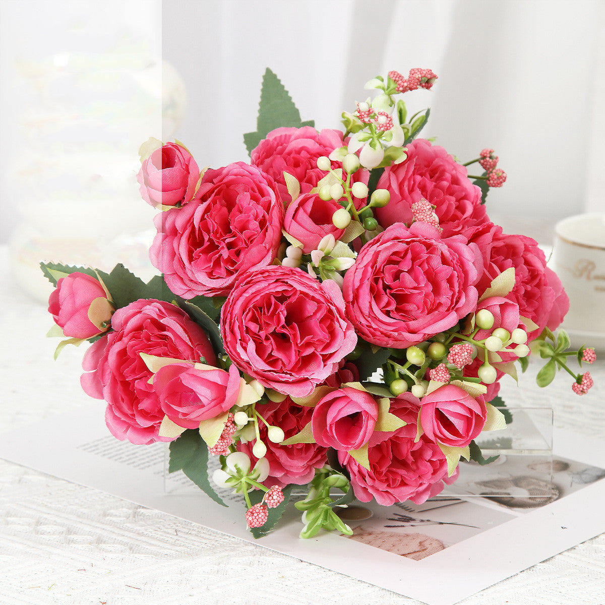 Artificial Flowers Pink White Rose Bouquet, Silk Rose Flower, Home Garden Decoration Wedding Roses, Fake Flowers