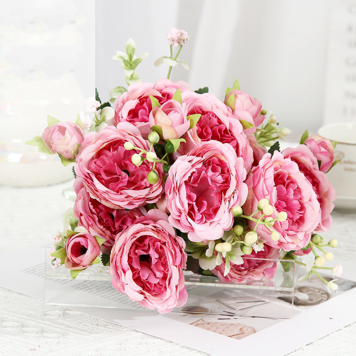 Artificial Flowers Pink White Rose Bouquet, Silk Rose Flower, Home Garden Decoration Wedding Roses, Fake Flowers