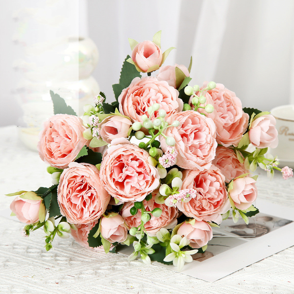 Artificial Flowers Pink White Rose Bouquet, Silk Rose Flower, Home Garden Decoration Wedding Roses, Fake Flowers