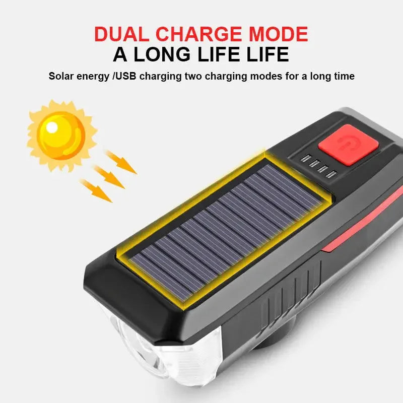 USB Rechargeable Solar Bicycle Light, Bike Front Lamp with Horn Flashlight, MTB Mountain Road Power Display Bicycle