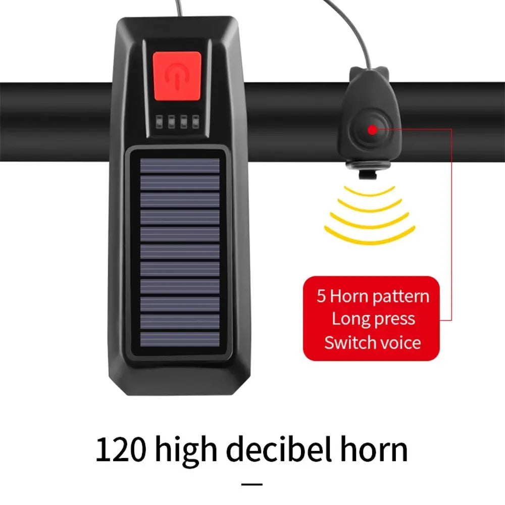 USB Rechargeable Solar Bicycle Light, Bike Front Lamp with Horn Flashlight, MTB Mountain Road Power Display Bicycle