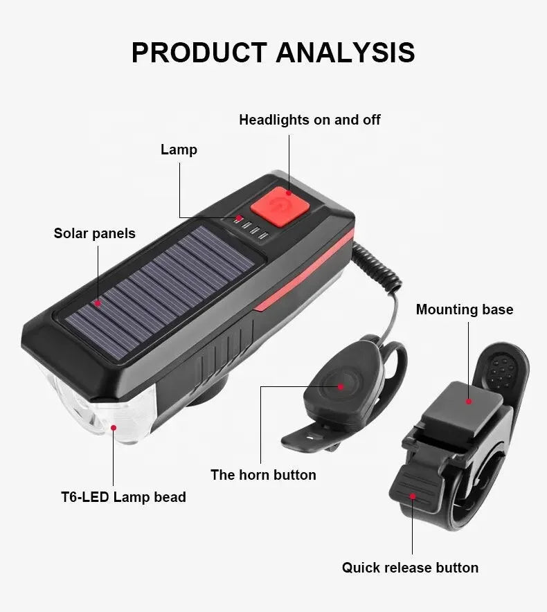 USB Rechargeable Solar Bicycle Light, Bike Front Lamp with Horn Flashlight, MTB Mountain Road Power Display Bicycle