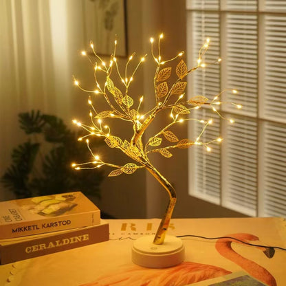 Desk Lamp LED Desktop Night Light, Desktop Bonsai Lamp Shaped, Pearl Gold Leaf, Iron Tree Silver Branch, Star Christmas
