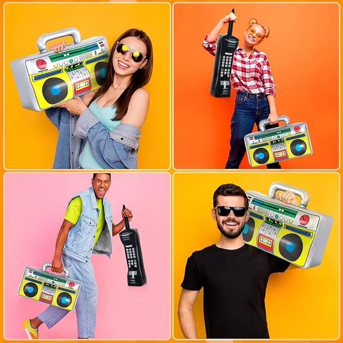 RetroWave 90s Inflatable Radio  Phone Prop Set 2Pack  HipHop Theme Party Decorations 1