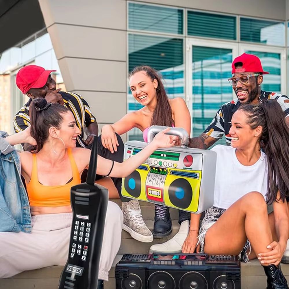 RetroWave 90s Inflatable Radio  Phone Prop Set 2Pack  HipHop Theme Party Decorations 2