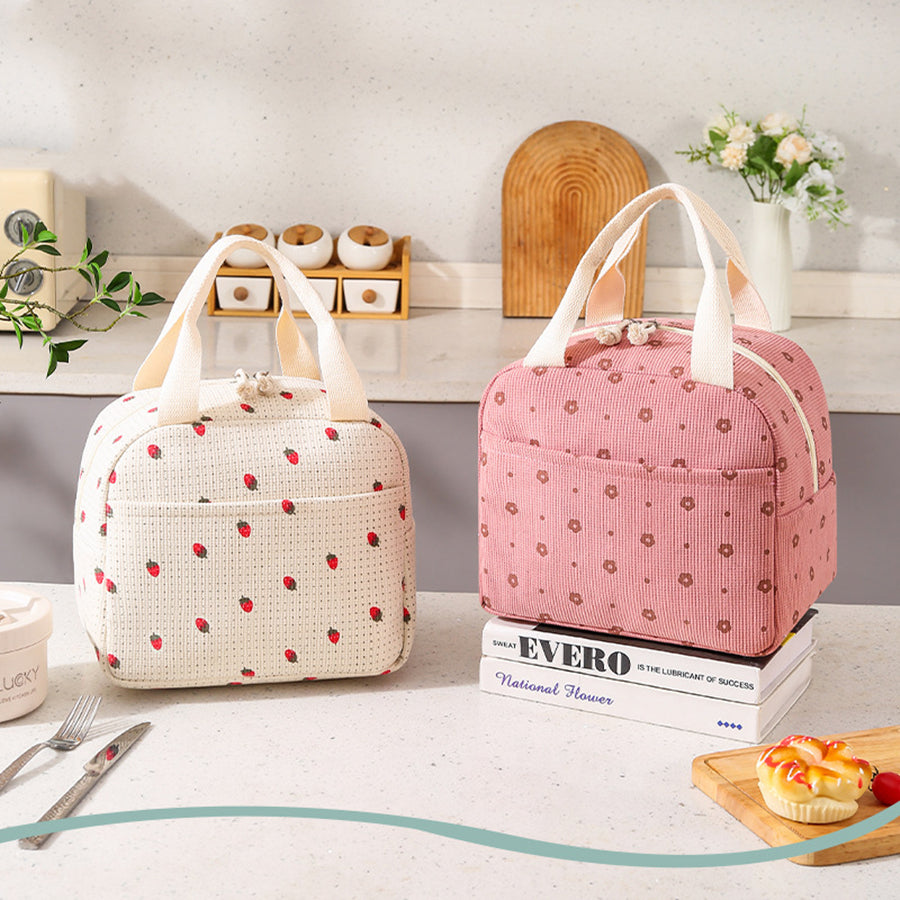 Cute Floral Printed Food Handbags, Portable Thermal Lunch Bag, Office Cooler Ice Insulated Case, Durable Waterproof Camp
