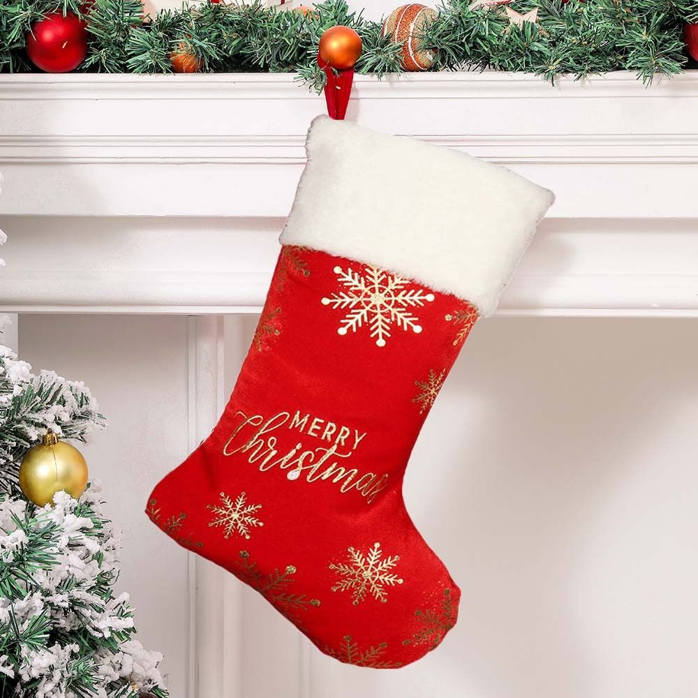 Snowflake Pattern Christmas Stocking, Embroidered Personalized Christmas Sock, Red Green Navidad, Large Gift Bag