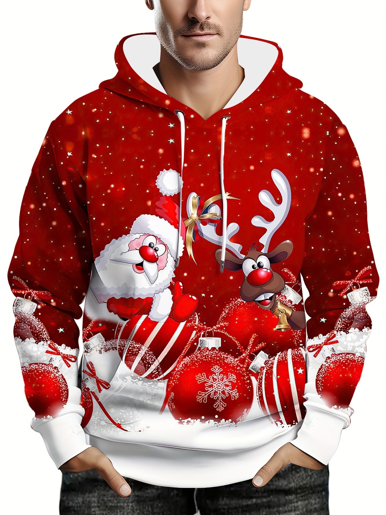 Oversized Men Clothing Hoodie, Christmas Hoodie with Hood, Men 3D Santa and Reindeer Print, Winter Party Outfit Tops