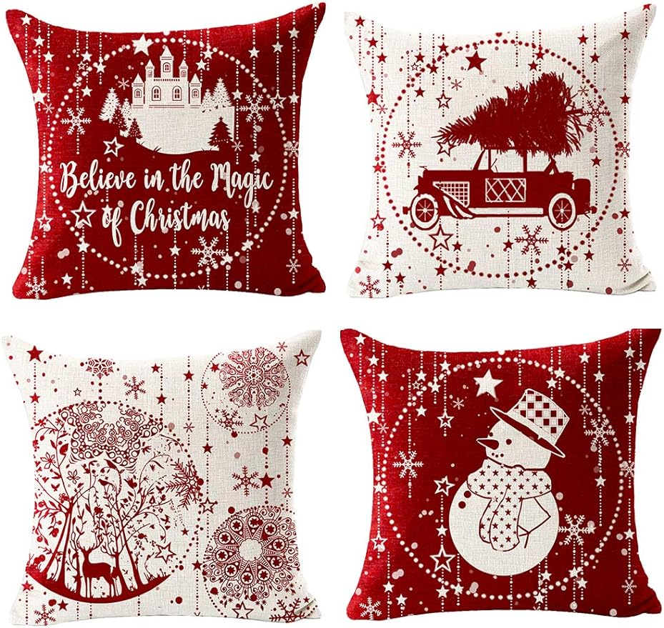 Car with Tree Deer Happy Winter, Linen Pillowcase Cushion Sofa Living Room, Merry Christmas Snowflake Ball Red Cover