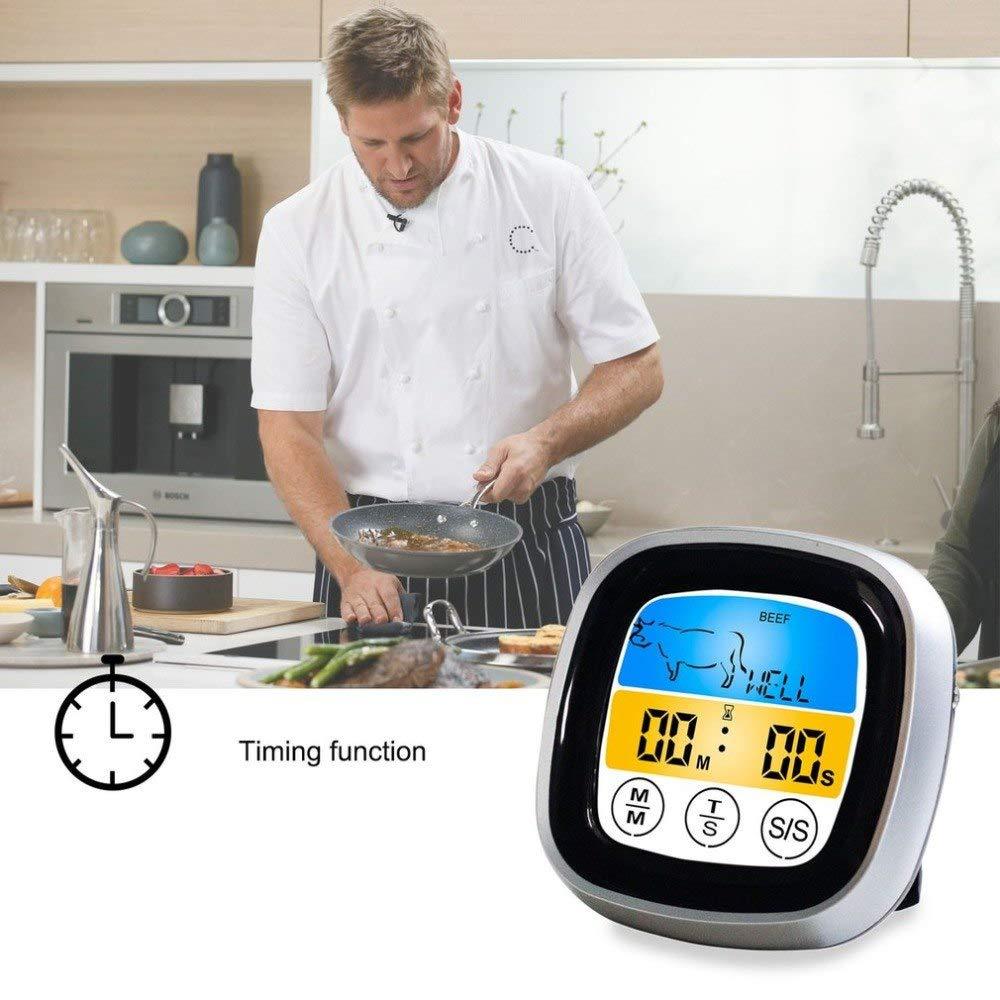 LCD Touchscreen Timer Smart Digital Meat Thermometer with Probe for BBQ Grill, Food Temperature Gauge Oven Cooking
