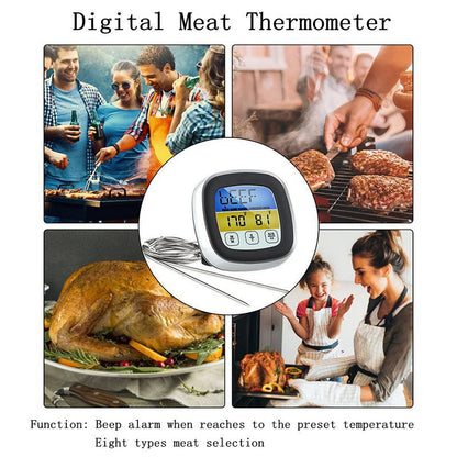 LCD Touchscreen Timer Smart Digital Meat Thermometer with Probe for BBQ Grill, Food Temperature Gauge Oven Cooking