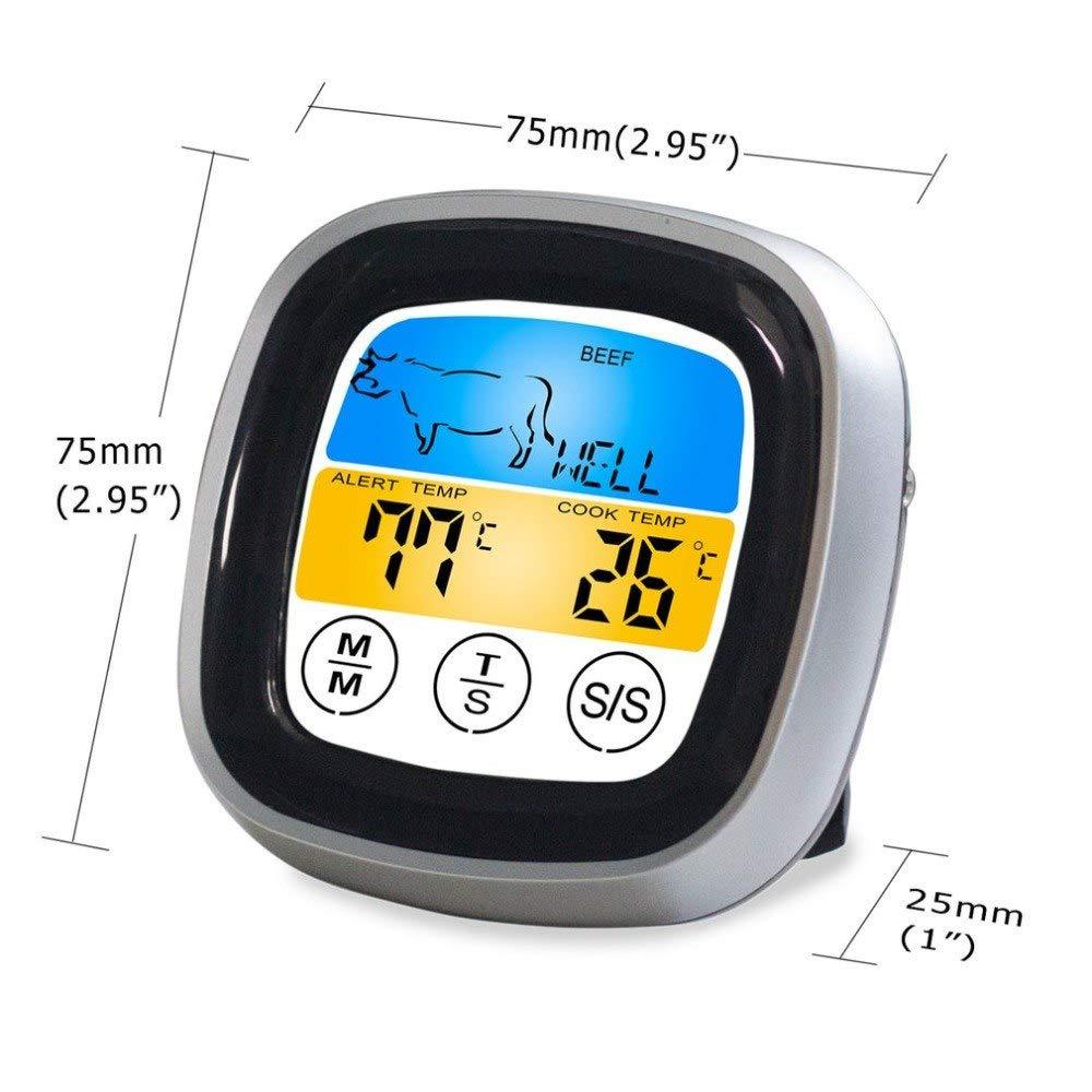 LCD Touchscreen Timer Smart Digital Meat Thermometer with Probe for BBQ Grill, Food Temperature Gauge Oven Cooking