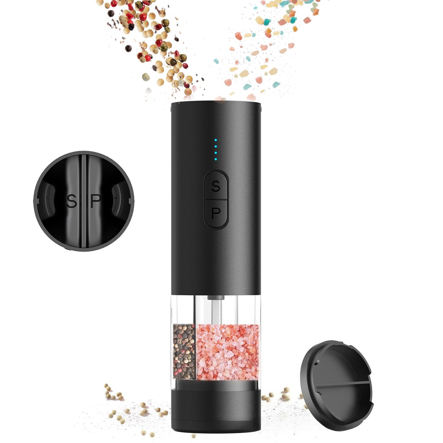 Electric Automatic Pepper Salt Grinder Dual Chamber with Separate Grinding Heads USB Adjustable Mill for Kitchen Cooking