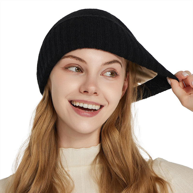 Pure Wool Knitted Womens Winter Hat Satin Lined Beanies Soft Warm Sleep Cover Elastic Fashion Slouc 2