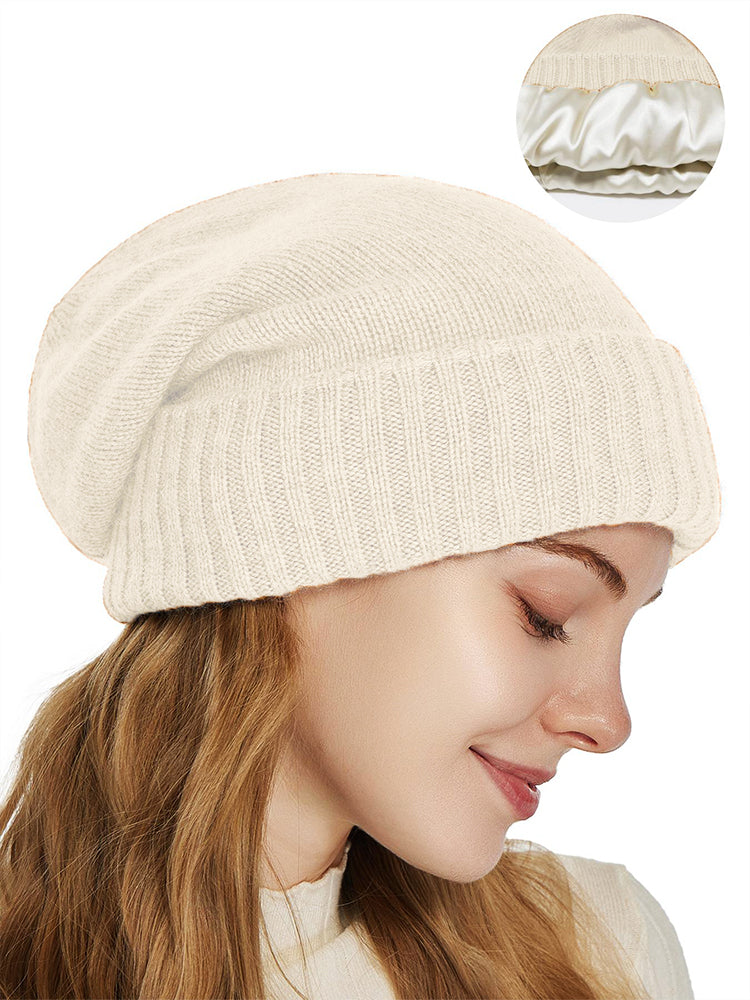 Pure Wool Knitted Womens Winter Hat Satin Lined Beanies Soft Warm Sleep Cover Elastic Fashion Slouc 12