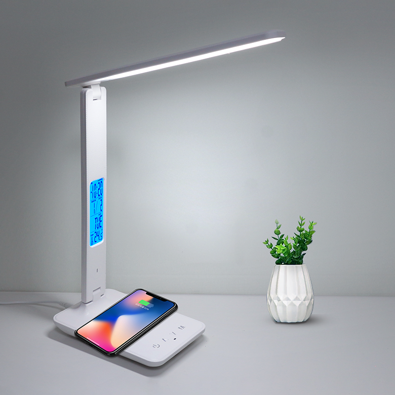 Wireless Charging LED Desk Lamp, Calendar Temperature Display, Eye Protect Study Light, Alarm Clock Table Lamp