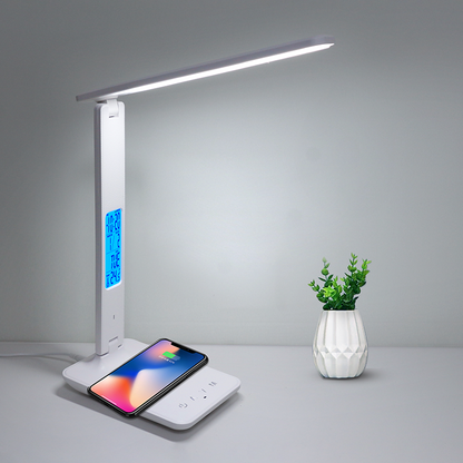 Wireless Charging LED Desk Lamp, Calendar Temperature Display, Eye Protect Study Light, Alarm Clock Table Lamp