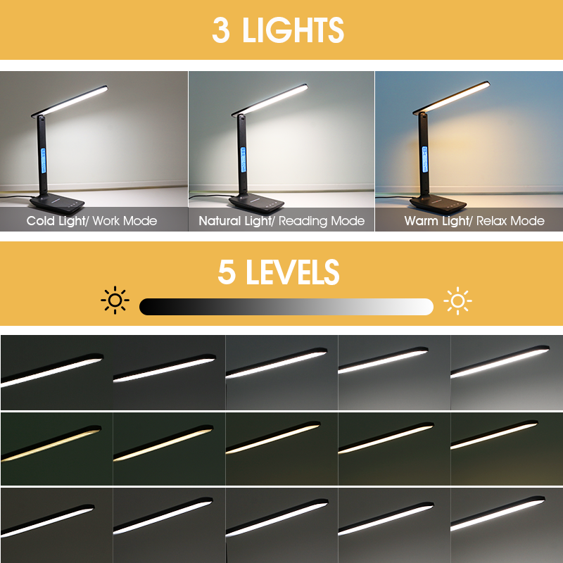 Wireless Charging LED Desk Lamp Calendar Temperature Display Eye Protect Study Light Alarm Clock Ta 5