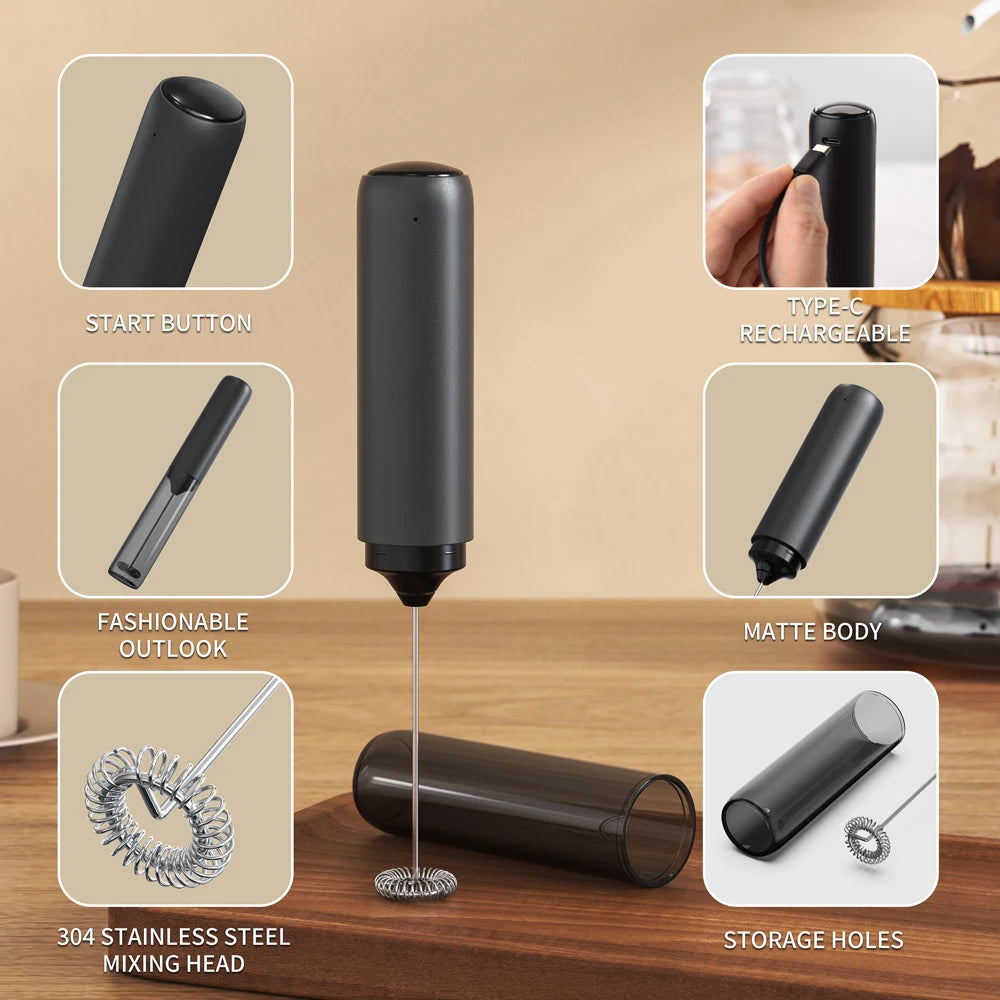 USB C Rechargeable Coffee Whisk with Silent Tech, Smart Pro Electric Milk Frother, Auto Cappuccino Latte Maker for Home