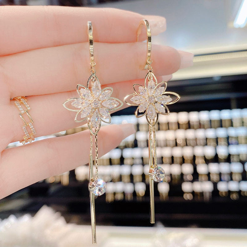 Shiny Zircon Opal Wedding Jewelry Gift Luxury Crystal Flower Tassel Drop Girls Party Earrings Long  1