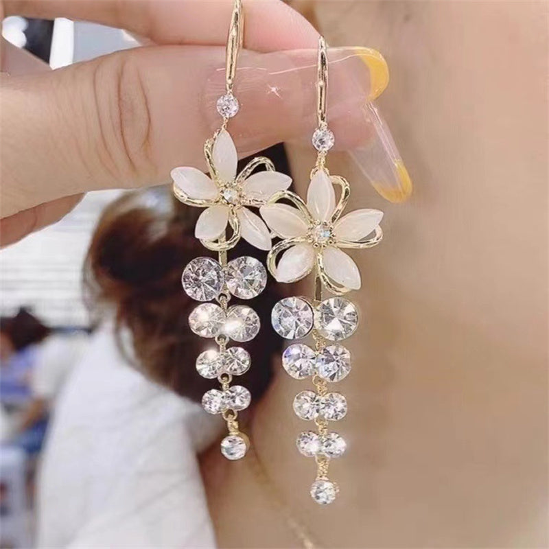 Shiny Zircon Opal Wedding Jewelry Gift Luxury Crystal Flower Tassel Drop Girls Party Earrings Long  2