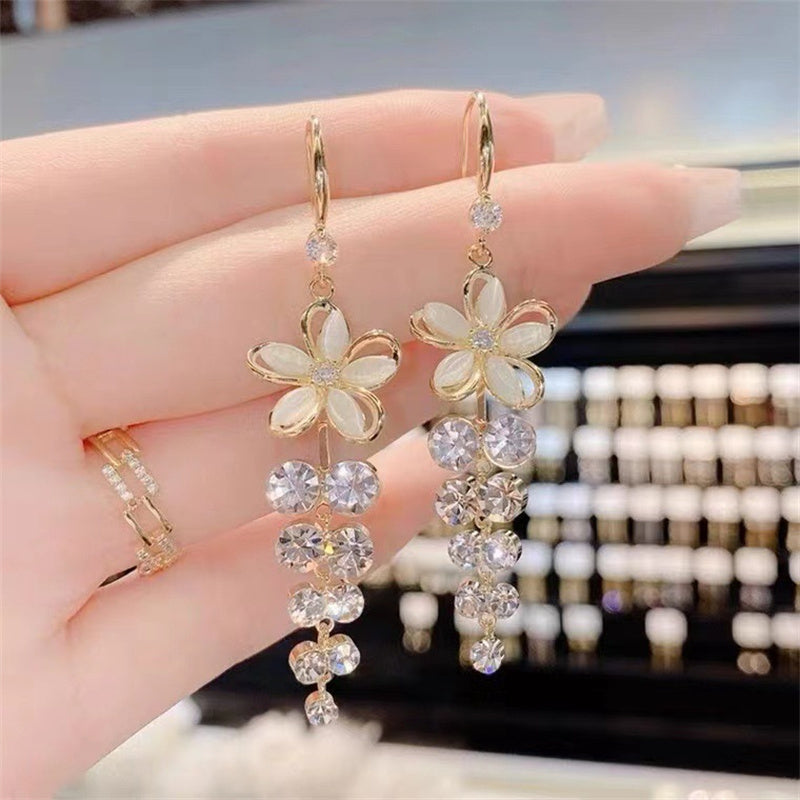 Shiny Zircon Opal Wedding Jewelry Gift Luxury Crystal Flower Tassel Drop Girls Party Earrings Long  3