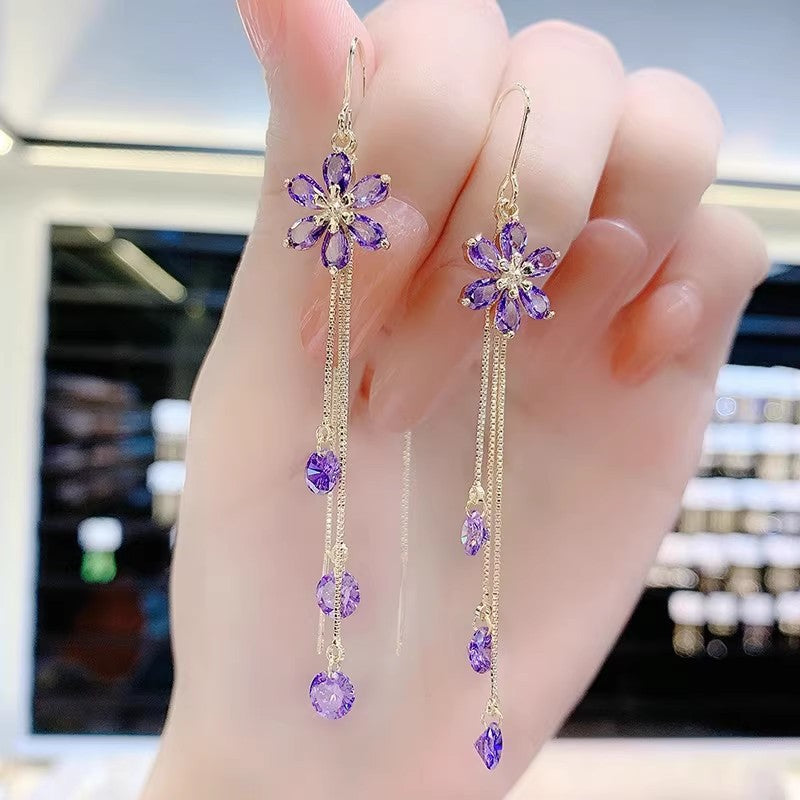 Shiny Zircon Opal Wedding Jewelry Gift Luxury Crystal Flower Tassel Drop Girls Party Earrings Long  6