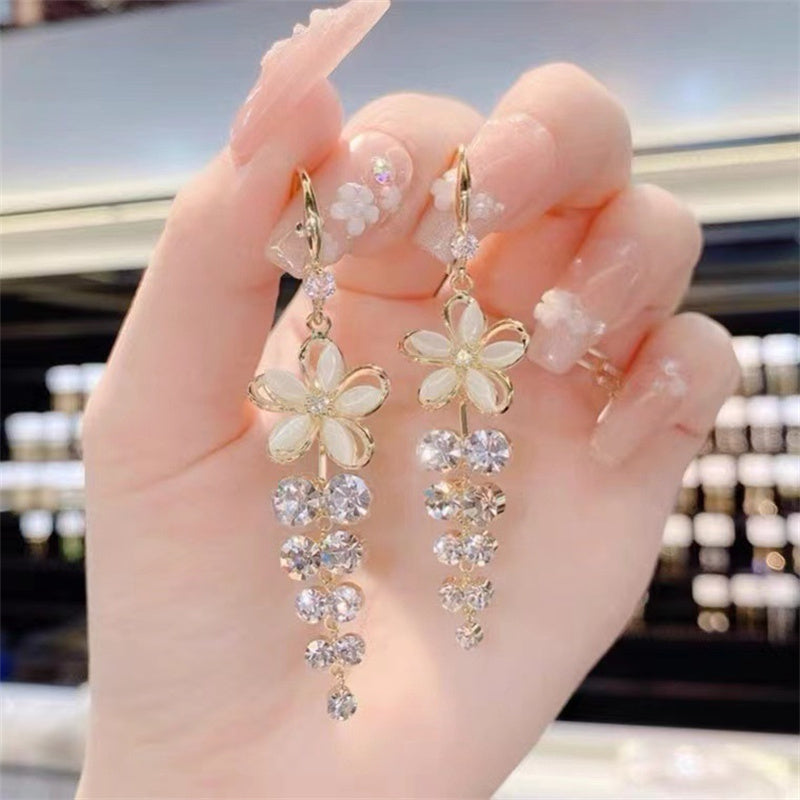 Shiny Zircon Opal Wedding Jewelry Gift Luxury Crystal Flower Tassel Drop Girls Party Earrings Long  4