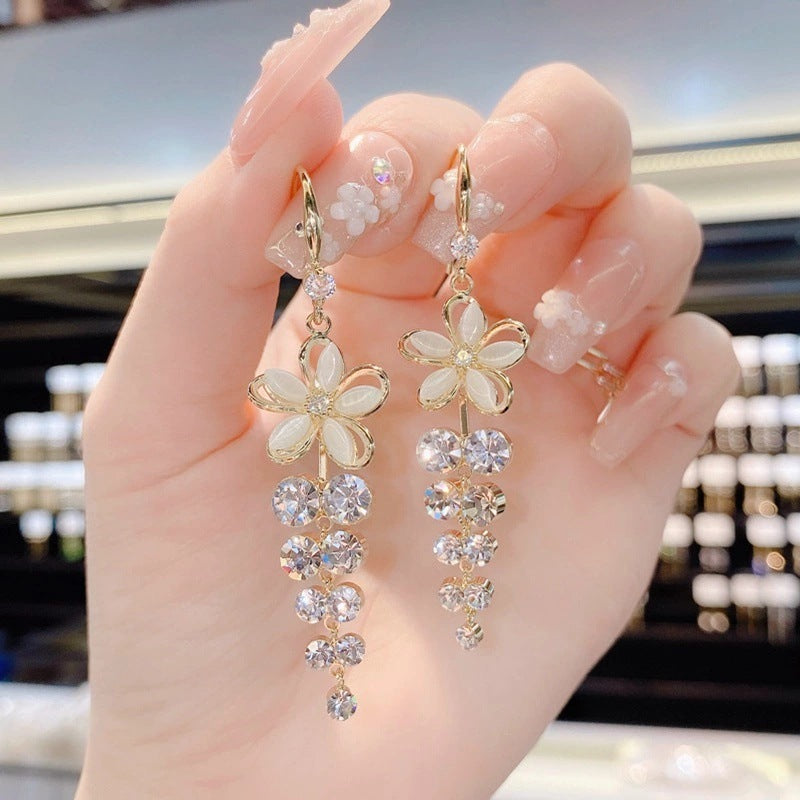 Shiny Zircon Opal Wedding Jewelry Gift Luxury Crystal Flower Tassel Drop Girls Party Earrings Long  7