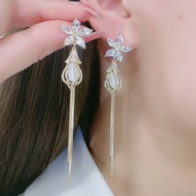 Shiny Zircon Opal Wedding Jewelry Gift Luxury Crystal Flower Tassel Drop Girls Party Earrings Long  10