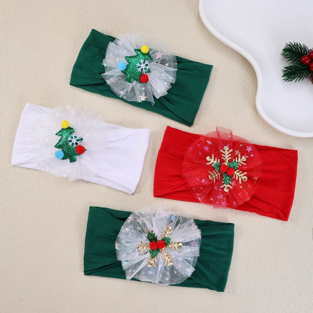 Gauze Snowflake Christmas Tree Hairbands for Kids, Baby Girls Nylon Christmas Headbands, Girls Green Red Newborn Hair