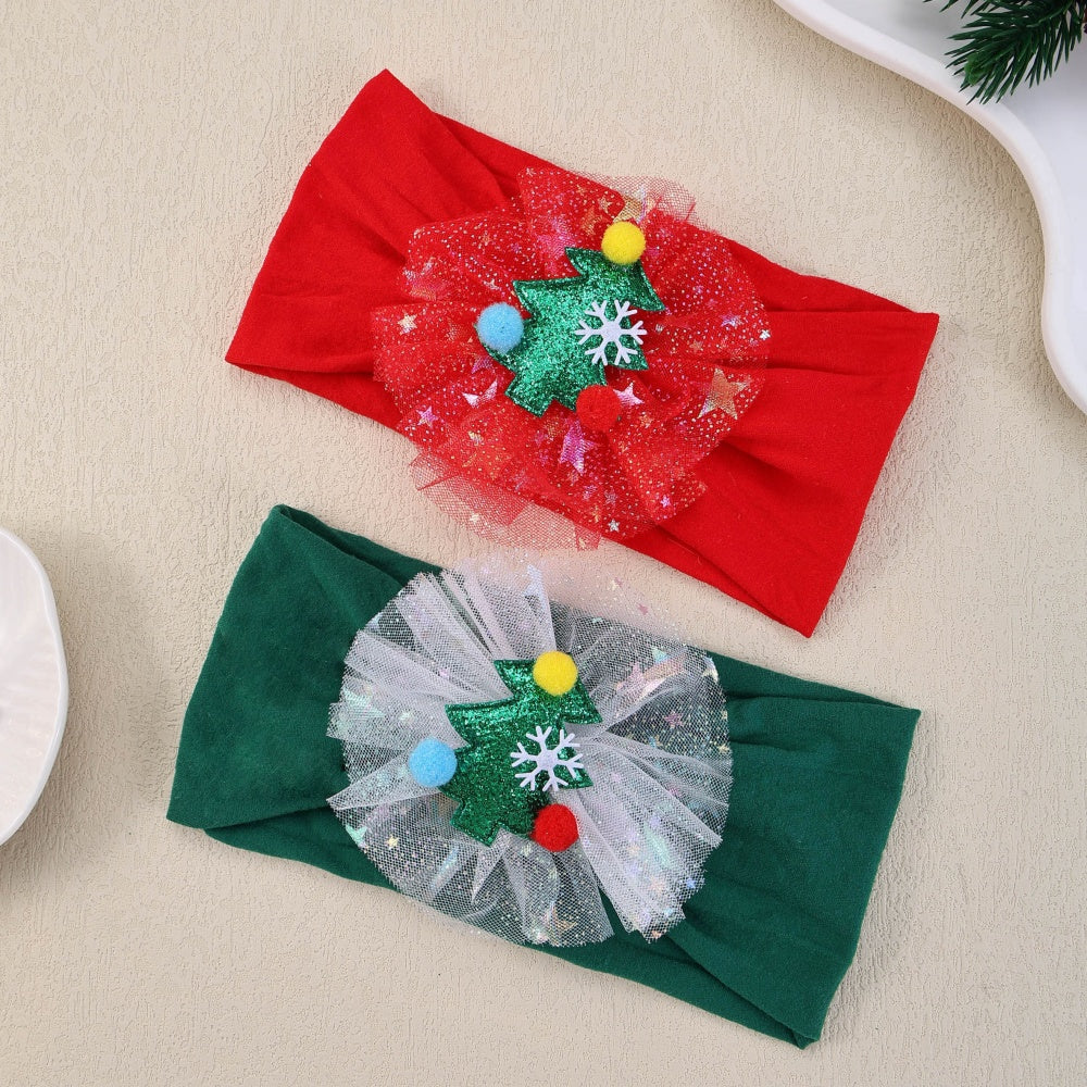 Gauze Snowflake Christmas Tree Hairbands For Kids Baby Girls Nylon Christmas Headbands Girls Green  2