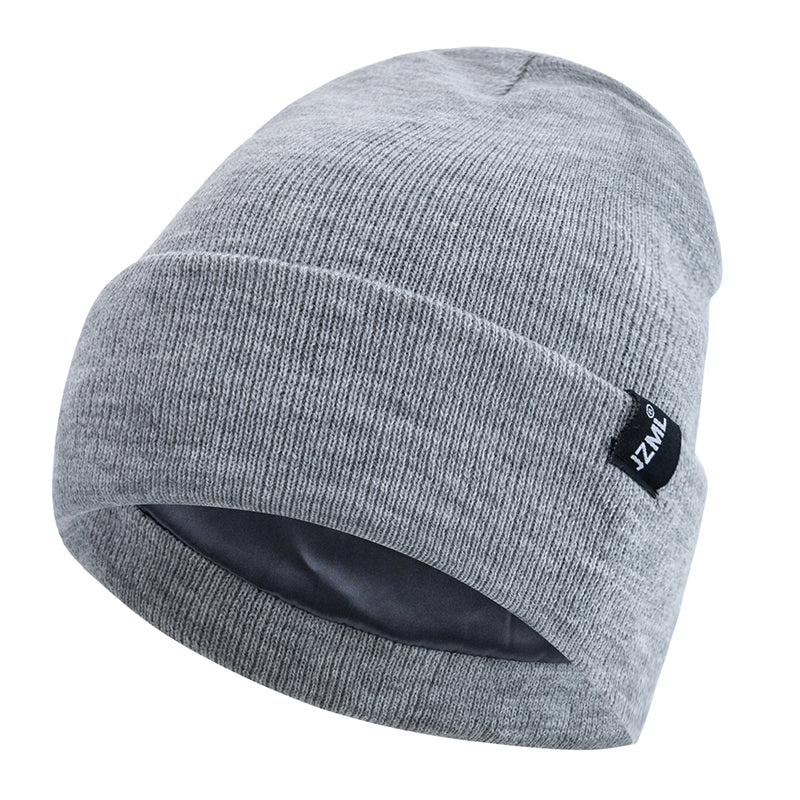 Autumn Winter Outdoor Knitted Hats Satin Lined JZML Letter Anti Static Beanie Hat New Style Plush H 9