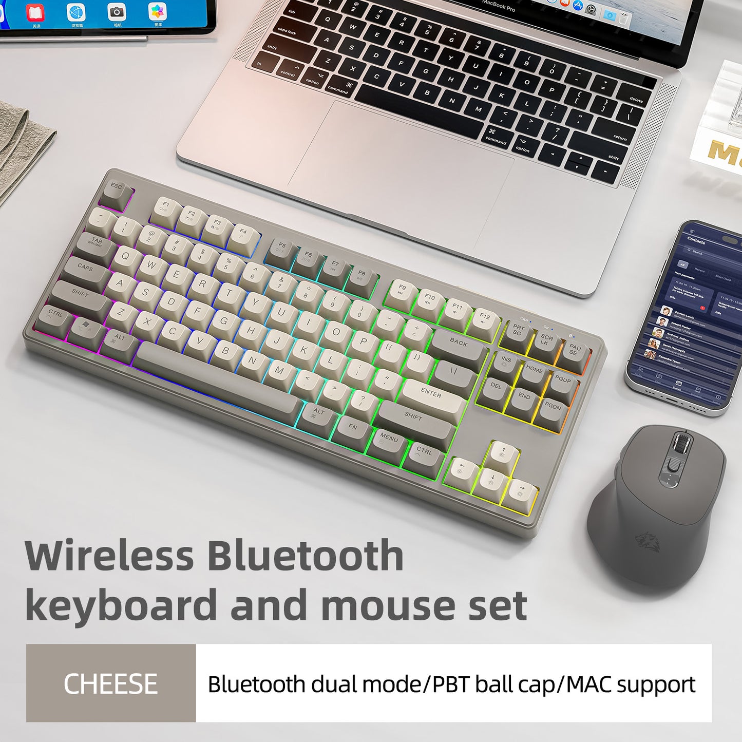 Wireless Keyboard Gaming Dual Mode Bluetooth Keyboard With Rainbow Light RGB PBT Ballcaps Silent Of 6
