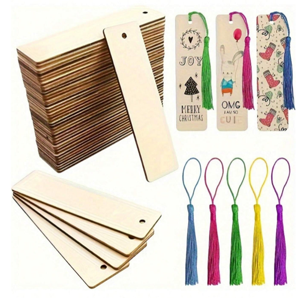 DIY Wooden Craft Bookmarks Set, Wooden Blank Bookmarks with Tassels, Square Tag Wedding Birthday Party Decor