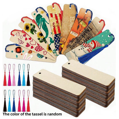 DIY Wooden Craft Bookmarks Set, Wooden Blank Bookmarks with Tassels, Square Tag Wedding Birthday Party Decor
