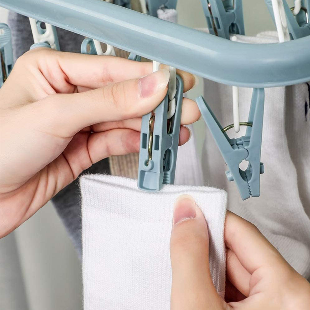 Folding Laundry Hanging Rack, Clothes Drying Hanger with Clips, Socks and Underwear Drying Holder