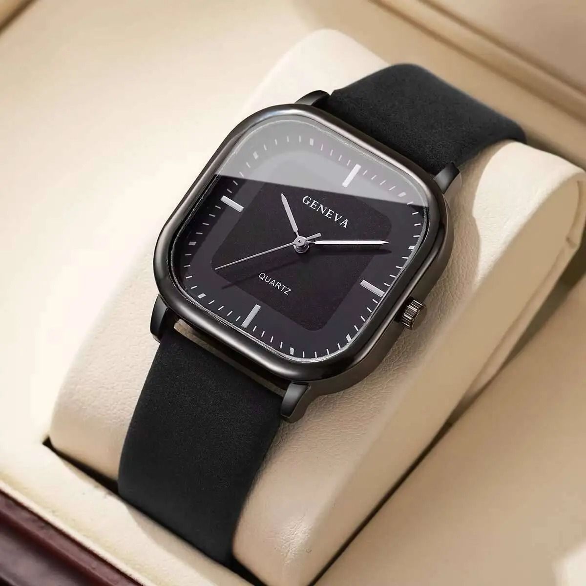 Men Square Minimalist Quartz Watch Leather Strap