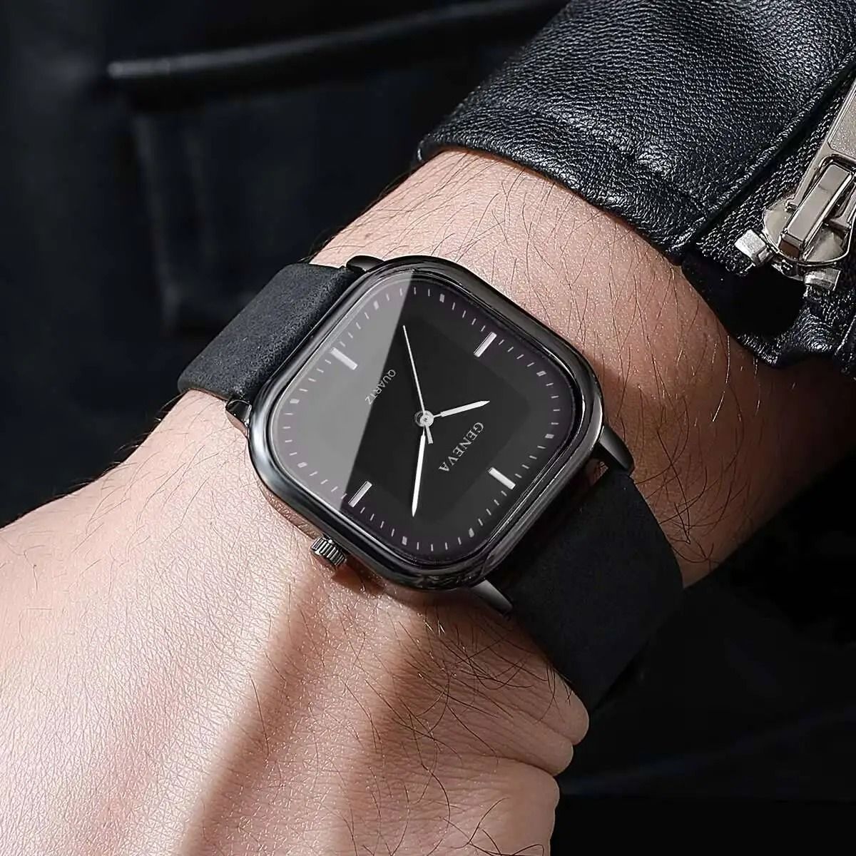 Men Square Minimalist Quartz Watch Leather Strap 2