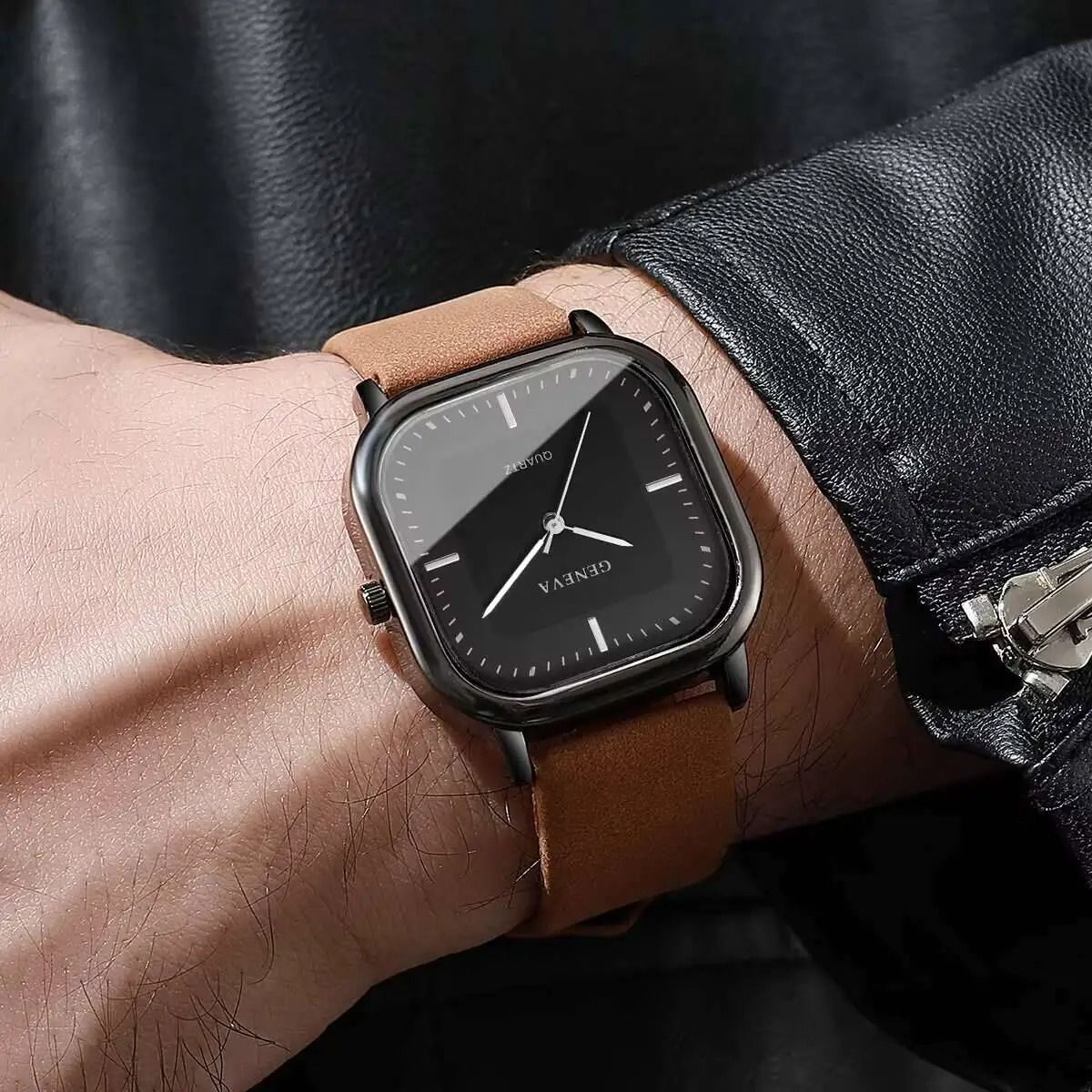 Men Square Minimalist Quartz Watch Leather Strap 3