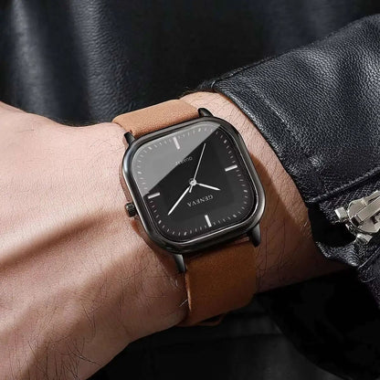 Men Square Minimalist Quartz Watch Leather Strap 3