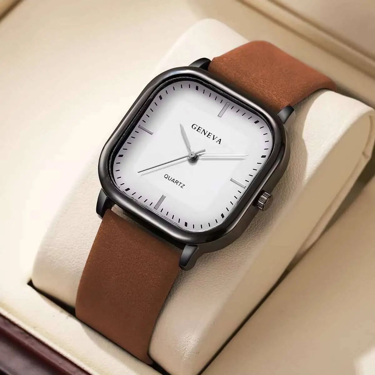 Men Square Minimalist Quartz Watch Leather Strap 11