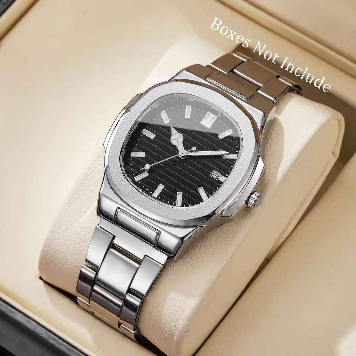 Men Square Dial Stainless Steel Quartz Watch With Calendar 9