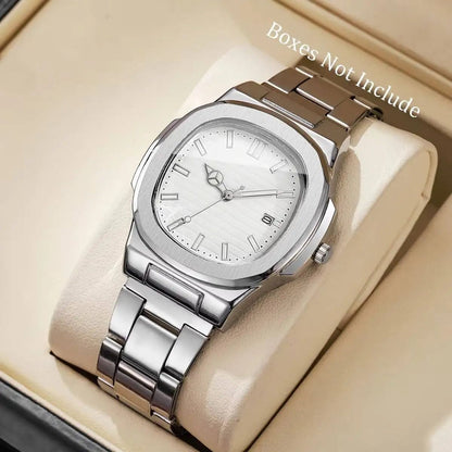 Men Square Dial Stainless Steel Quartz Watch With Calendar 7
